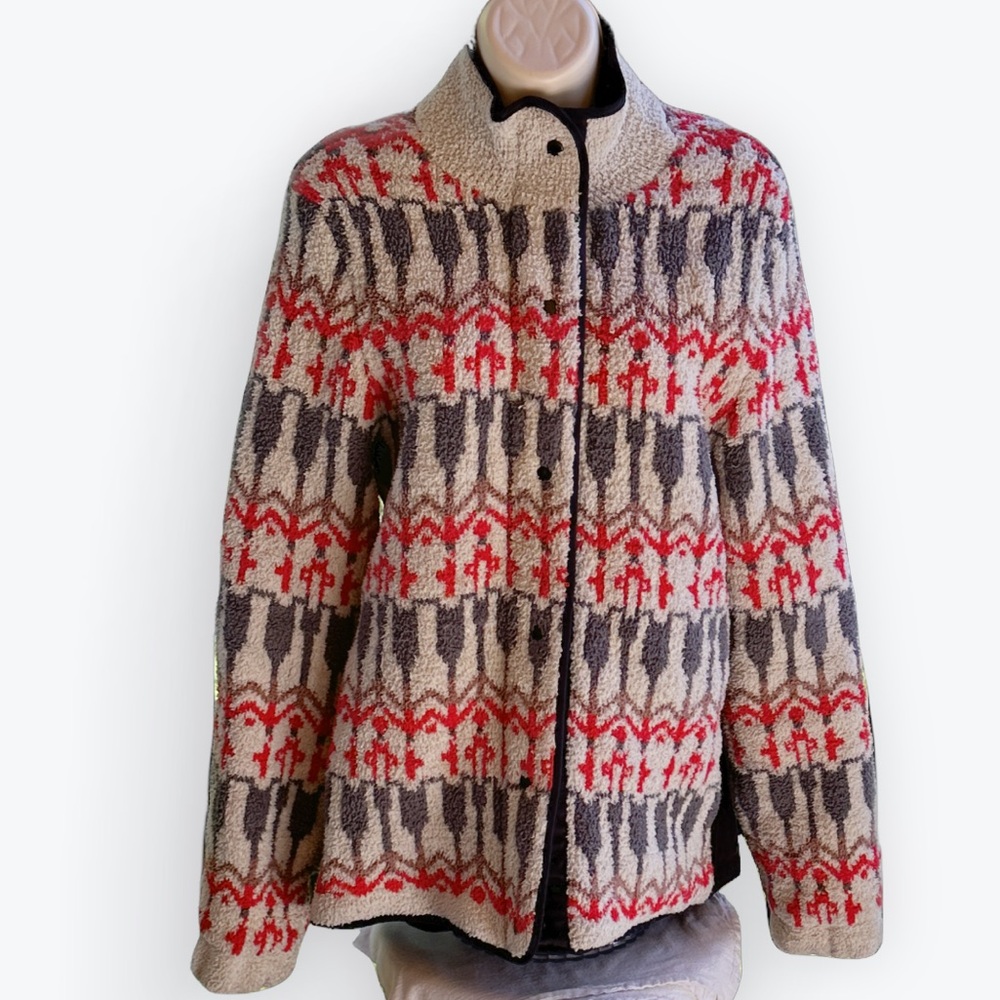Boho Fair Isle Sherpa Sleeping On Snow Anthropologie Intarsia Sweater Jacket ~ M